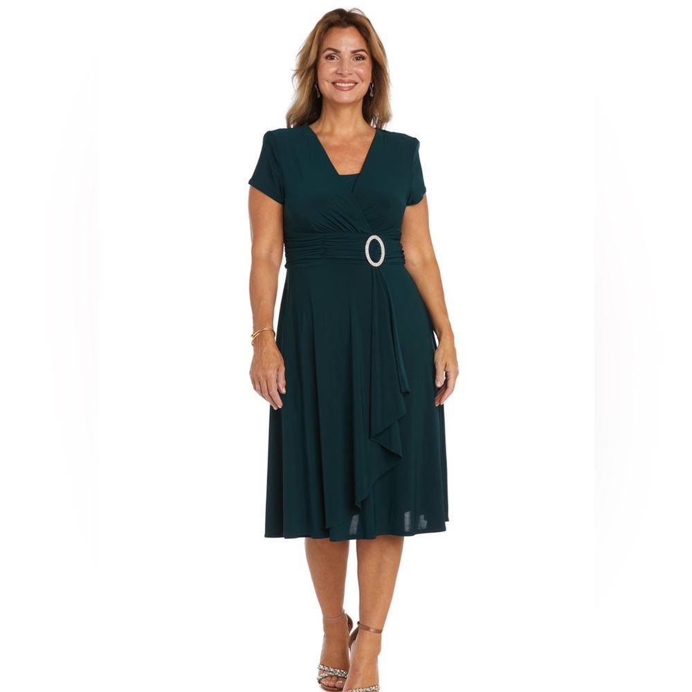 R&M Richards Faux Wrap Dress with Waist Embellishment in Hunter Green